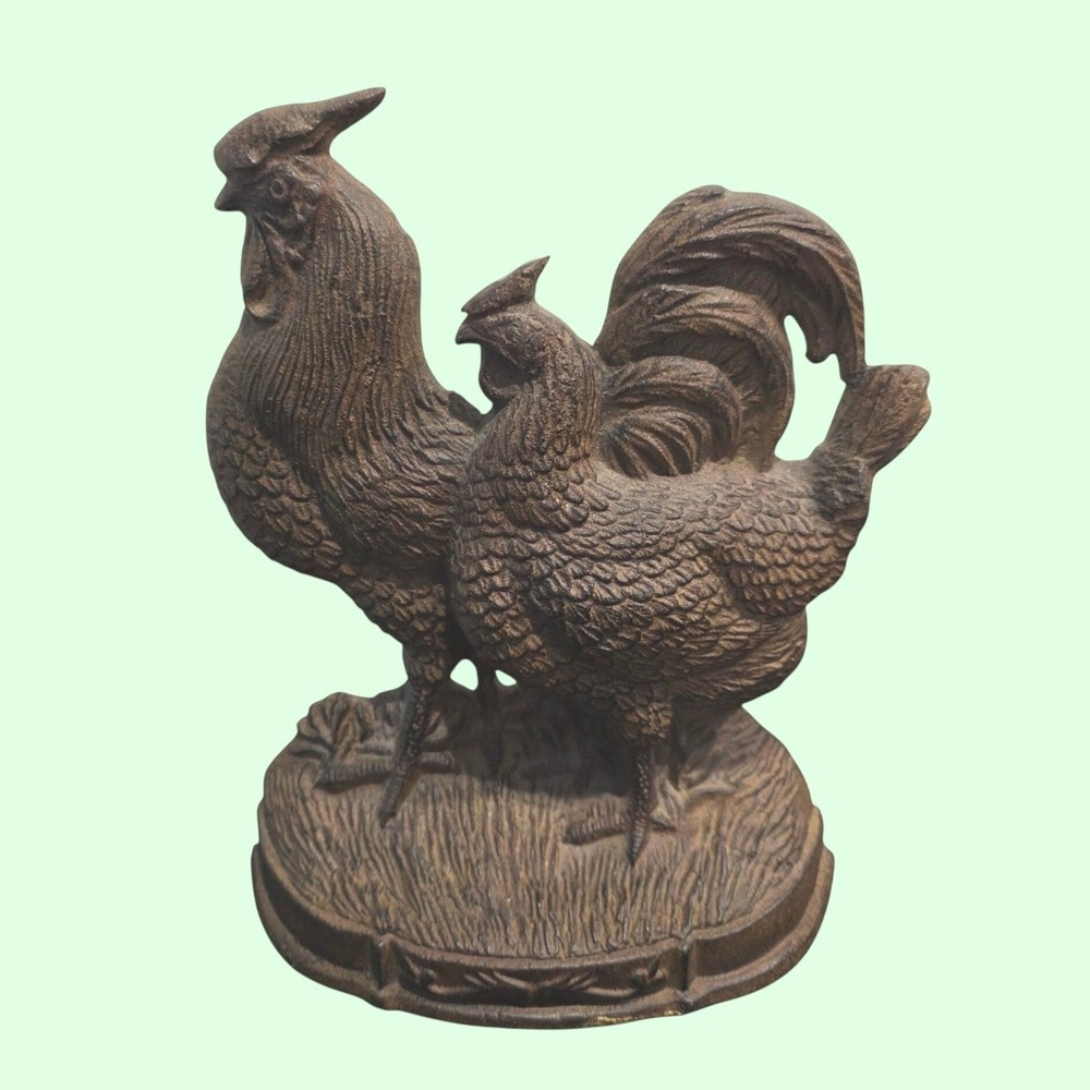 Vintage Rustic Cast Iron Rooster and Hen Figurine, Farmhouse Doorstop Brown